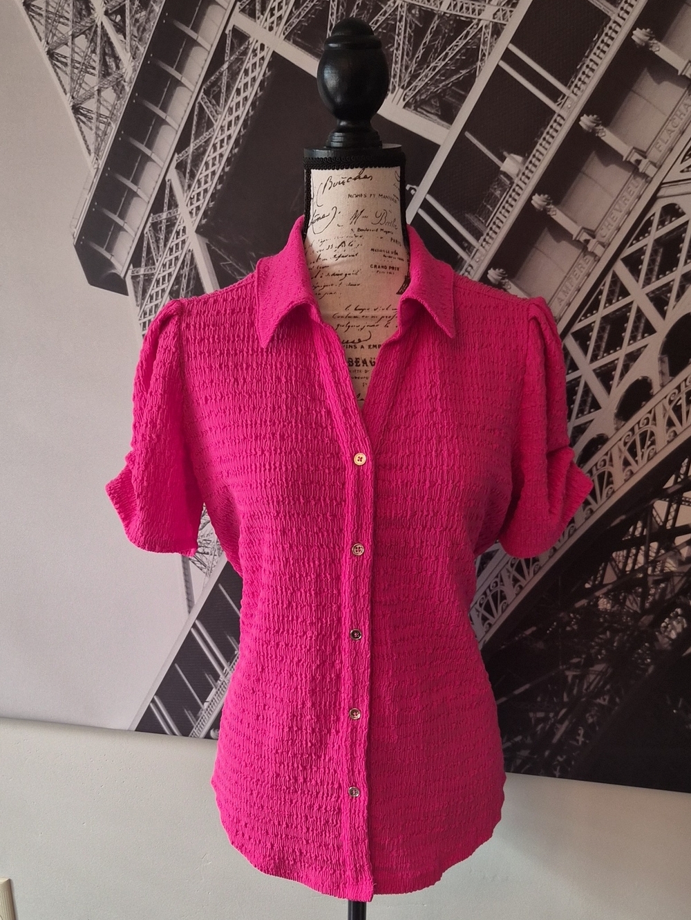 Kasper Hot Pink Textured Button-Down Collared Blouse